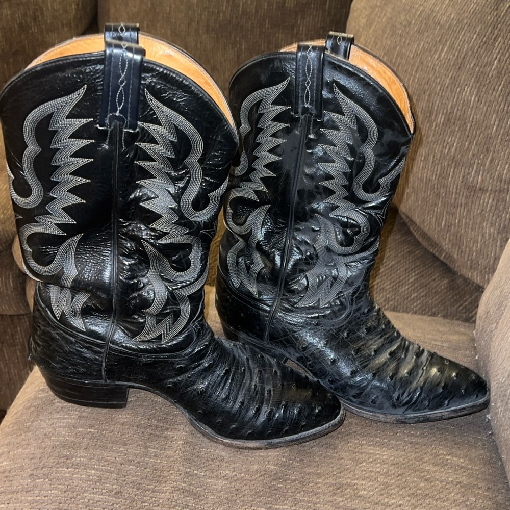 Tony Lama black cowboy boots. Ostrich leather